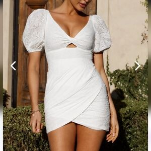 Saints & Secrets Santa Cruz Sun Eyelet White Asymmetrical Puff Sleeve Mini Dress